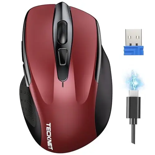 Produktbild: TECKNET Silent Kabellose Maus, Wiederaufladbar Funkmaus 4800 DPI, 2,4 GHz Optische Computer Maus für Laptop, PC, Mac, 6 Tasten, Rot