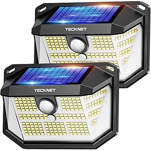 Produktbild: TECKNET Solarlampen für Außen, <strong>2 Stücke:</strong>  231 LED Solarlampe 300° Superhelle mit Bewegungsmelder 3 Modi IP65 Wasserdichte Wandleuchte für Wand Post Pathway Garten Garage
