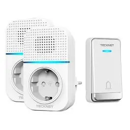 Produktbild: TECKNET Türklingel Batterielose, Steckdosen-Funkklingel Wasserdicht Drahtloses Funk Türklingel mit 2 EU-Steckdose, 400m, 60 Laute Melodien, 5 Lautstärke Stufen, LED-Blinken