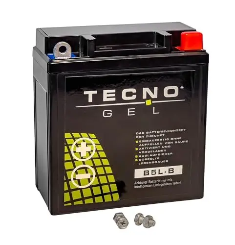 Produktbild: TECNO-GEL Motorrad-Batterie für YB5L-B, 12V Gel-Batterie 6 statt 5 Ah, CCA 100, 120x61x131 mm Pole - +