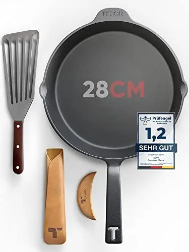 Produktbild: TECOR Gusseisenpfanne Induktion 28 cm geschliffen, universell, natürlich - Langlebige Pfanne Gusseisen induktion - Antihaft Gusspfanne induktion 28 cm einfach top Qualität - Cast iron pan induction