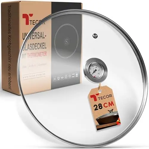 Produktbild: TECOR ® Pfannendeckel 28 cm mit Thermometer & Edelstahlrand, Glasdeckel Pfanne 28 cm, Universaldeckel - Pfannendeckel Glas, Deckel für Pfanne & Topf, Topfdeckel 28cm- Deckel Pfanne, Gusseisen