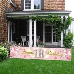 Produktbild: Tecreo 18. Geburtstag Deko 18 Geburtstag Banner Rosegold Party Dekoration Mädchen, Stoff Schild Poster 18. Jahrestag Party Hofbanner Geburtstagsdeko Glitzern Rosa, 300cm x 50cm