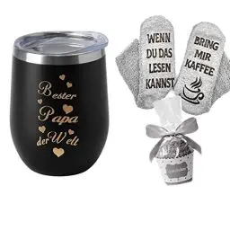 Produktbild: Tecreo Edelstahl Kaffeebecher mit Gravur Geschenk für Männer-Bester Papa der Welt Thermobecher für Vater Vatertag Geburtstag Geschenk-350ml Schwarz Doppelwandig Isolierbecher mit Socken