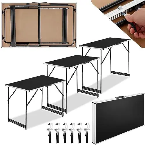 Produktbild: TecTake Alu Tapeziertisch 3 teilig, Multifunktionstisch, Mehrzwecktisch, Campingtisch, 100 x 60 cm, Partytisch, Flohmarkttisch, Arbeitstisch klappbar, höhenverstellbar, MDF Platten - schwarz