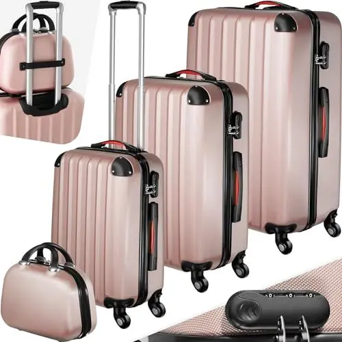 Produktbild: tectake 4-teilige Reisekoffer - Kofferset mit abnehmbaren Rollen 360°, robuste Hartschalenkoffer mit TSA Zahlenschloss, Koffer groß und ineinander stapelbar, Trolley Handgepäck - roségold