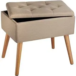 Produktbild: tectake 800833 Sitzbank mit Stauraum, bis 300 kg belastbar, gepolsterte Sitzfläche, Deckel abnehmbar, großes Staufach, Holzbeine, Sitzhocker in Leinenoptik (Sand)