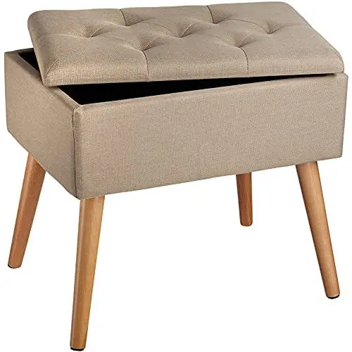 Produktbild: tectake 800833 Sitzbank mit Stauraum, bis 300 kg belastbar, gepolsterte Sitzfläche, Deckel abnehmbar, großes Staufach, Holzbeine, Sitzhocker in Leinenoptik (Sand)