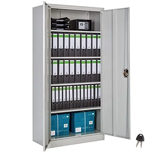 Produktbild: tectake® Aktenschrank, Büroschrank abschließbar, Mehrzweckschrank aus Stahl, Allzweckschrank mit 2 Türen, inkl. 3 höhenverstellbare Einlegeböden, Aktenschrank abschließbar 180x80x40 cm - grau
