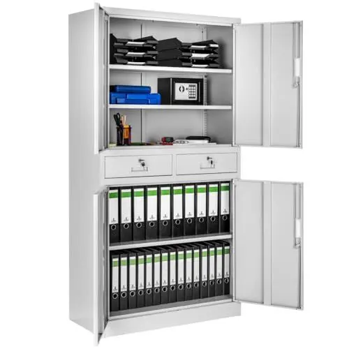 Produktbild: tectake® Aktenschrank, Mehrzweckschrank aus Stahl, Allzweckschrank, Aktenschrank abschließbar, 2 Schrankabteilen, 2 Schubladen, Türen und Schloss, Büroschrank, Werkzeugschrank, 180x80x40cm - hellgrau