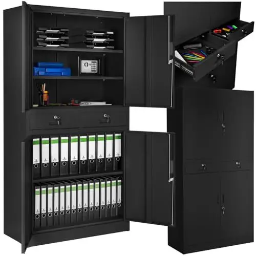 Produktbild: tectake® Aktenschrank, Mehrzweckschrank aus Stahl, Allzweckschrank, Aktenschrank abschließbar, 2 Schrankabteilen, 2 Schubladen, Türen und Schloss, Büroschrank, Werkzeugschrank, 180x80x40cm - schwarz