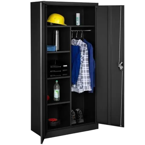 Produktbild: tectake Aktenschrank, Spind Schrank, Mehrzweckschrank, Garderobenschrank mit Kleiderstange, Haushaltsschrank mit 6 Fächern, Aktenschrank abschließbar, ink. Einlegeböden,180x80x40cm – schwarz