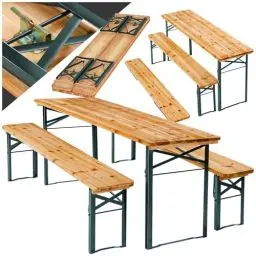 Produktbild: tectake® Bierzeltgarnitur klappbar, 3-teiliges Set, Festzeltgarnitur mit Tisch und Bänken, 177 x 46 x 77 cm, 1x Biertisch + 2X Bierbank Holz, Gartenmöbel für Balkon, Camping, Garten, Partyzelt