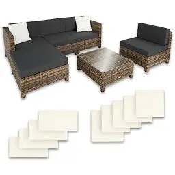 Produktbild: tectake Gartenmöbel Set, Lounge aus Poly Rattan und Aluminium, Balkon Möbel Set mit 10 cm Polsterung und Kissen, ideal für Garten und Balkon, inkl. 2 Sessel, 2 Ecksessel, 1 Tisch, 1 Hocker - Natur