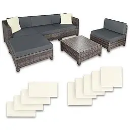 Produktbild: tectake Gartenmöbel Set, Lounge aus Poly Rattan und Aluminium, Balkon Möbel Set mit 10 cm Polsterung und Kissen, ideal für Garten und Balkon, inkl. 2 Sessel, 2 Ecksessel, 1 Tisch, 1 Hocker - grau
