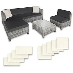 Produktbild: tectake Gartenmöbel Set, Lounge aus Poly Rattan und Aluminium, Balkon Möbel Set mit 10 cm Polsterung und Kissen, ideal für Garten und Balkon, inkl. 2 Sessel, 2 Ecksessel, 1 Tisch, 1 Hocker - hellgrau