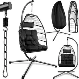 Produktbild: tectake® Hängesessel mit Gestell, dicke Kissen, Möbel, Deko für Wohnzimmer, Jugendzimmer, Balkon, outdoor oder indoor Schaukel Sessel, Kinder & Erwachsene, belastbar bis 160kg - schwarz