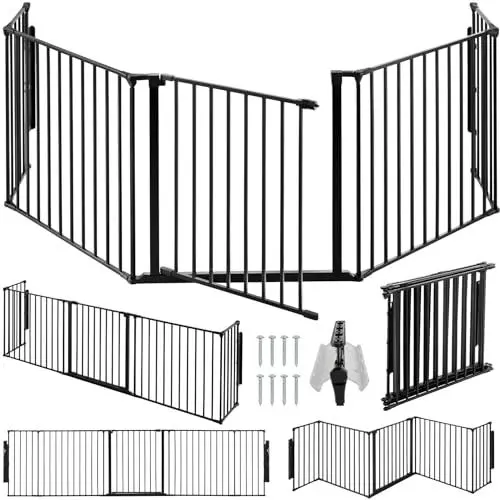 Produktbild: tectake Kaminschutzgitter Metall, Schutzgitter, Laufstall, Absperrgitter, Ofenschutzgitter, Hundegitter, Kindergitter, Raumteiler mit 5 Elementen, Tür mit Sicherheitsschloss, Wandhalterung - schwarz