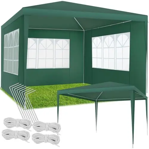 Produktbild: tectake® Pavillon 3x3 m, Zelt groß, wasserdicht, für Garten und Camping, Gartenpavillon, Partyzelt, Event Shelter, Festzelt, Gartenpavillon 3x3 m mit 3 Seitenwänden mit Fenstern, inkl. Heringe - grün