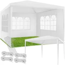Produktbild: tectake® Pavillon 3x3 m, Zelt groß, wasserdicht, für Garten und Camping, Gartenpavillon, Partyzelt, Event Shelter, Festzelt, Gartenpavillon 3x3 m mit 3 Seitenwänden mit Fenstern, inkl. Heringe - weiß