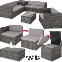 Produktbild: tectake Polyrattan Sitzgruppe mit Aufbewahrungsbox für Polster, Tisch mit Glasplatte, frei zu gruppierendes Gartenmöbel Set, Rattan Lounge für den Garten – Balkonmöbel, Balkonmöbel Kleiner Balkon