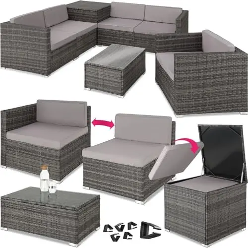 Produktbild: tectake Polyrattan Sitzgruppe mit Aufbewahrungsbox für Polster, Tisch mit Glasplatte, frei zu gruppierendes Gartenmöbel Set, Rattan Lounge für den Garten – Balkonmöbel, Balkonmöbel Kleiner Balkon