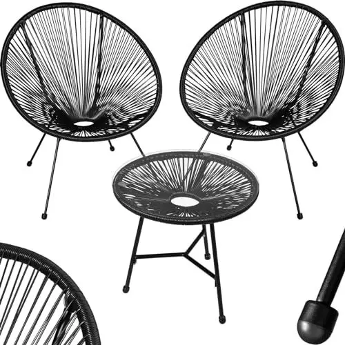 Produktbild: tectake® Set 2X Stuhl 1x Beistelltisch Acapulco, Gartenstuhl, Gartenstühle im Retro Design, Indoor und Outdoor Sessel für Garten, Wintergarten, als Terrassenstühle oder Balkon Sessel - schwarz