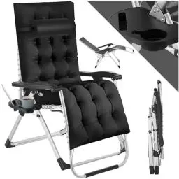 Produktbild: tectake® Sonnenliege klappbar, Liegestuhl, Gartenliege stufenlos verstellbar, Outdoor Sessel für Balkon oder Garten, Liege mit extra Dicker Auflage, Relaxliege belastbar bis 200kg (Schwarz)