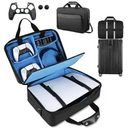 Produktbild: TECTINTER PS5 Tasche PS5 Transporttasche PS 5 Tasche, kompatibel mit PlayStation 5 Tasche/PS4/PS4 Pro/PS4 Slim Console, große Halterung für PS5/PS4-Controller, Spielkarten, HDMI, Laptop