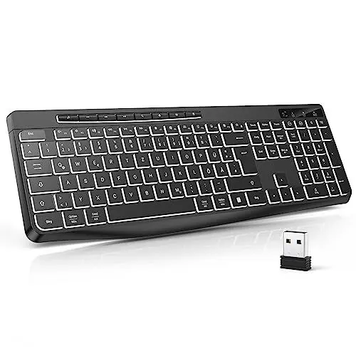 Produktbild: TECURS Tastatur Kabellos Gaming PC- Leise Tastatur QWERTZ Weiß Beleuchtet Ergonomisch Wasserdicht, 2.4Ghz Led Keyboard für Windows/Mac/PS4/Xbox mit Multimedia-Tasten Schwarz