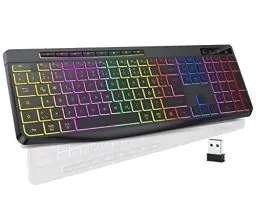 Produktbild: TECURS Tastatur Kabellose Gaming - Leise Tastatur QWERTZ Beleuchtet Ergonomisch Wasserdicht, 2.4Ghz Led Keyboard für Windows/Mac /PS4/ Xbox mit Multimedia-Tasten Schwarz