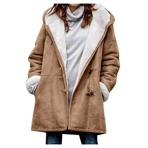 Produktbild: Teddy Fleecejacke Damen Mantel Kapuzenjacke Flauschige Teddy Jacken Winterjacke Flanell Kapuzenpullover Teddyjacke ReißVerschluss Fellmantel PlüSchjacke Damen Outdoor Kapuzenjacke (Khaki, L)