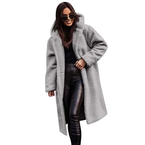 Produktbild: Teddy Jacken für Damen Felljacke Kuscheljacke Flauschig Plüschjacke Fleecejacke mit Kapuze Lang Winterjacke Wintermantel Herbst Winter Warm Elegant Mantel Teddyfleece Jacke Teddyjacke Silbergrau XL
