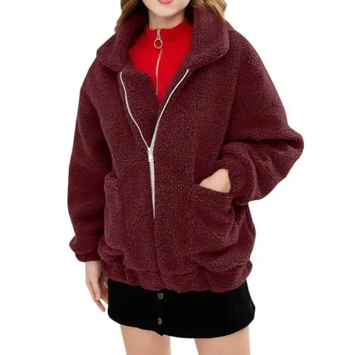 Produktbild: Teddy Mantel Damen Einfarbig Fleecejacke Damen Weiche Plüschjacke Reißverschluss Teddyjacke Mit Taschen Kuscheljacke Flauschig Winterjacke Warm Polarfleece Jacke Frauen Revers Winter Outwear