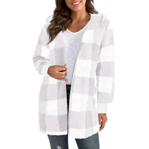 Produktbild: Teddy Mantel Damen Mit Kapuze Fleecejacke Damen Weiche Plüschjacke Kariert Teddyjacke Kuscheljacke Flauschig Winterjacke Warm Kapuzenjacke Polarfleece Jacke Frauen Winter Sweatshirt Outwear