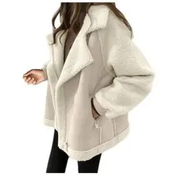 Produktbild: Jacken aus Lammwolle für Frauen,Große Größe Langarm Reverskragen Freizeitmantel,übergangsjacke Damen Herbst,Outwear mit Reißverschluss（Beige,S）,A232