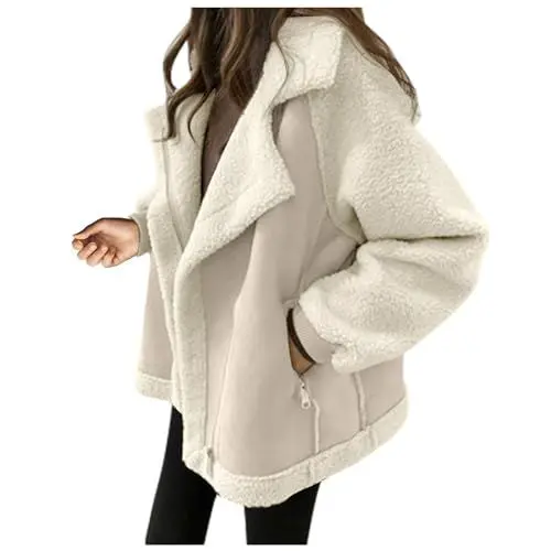 Produktbild: Jacken aus Lammwolle für Frauen,Große Größe Langarm Reverskragen Freizeitmantel,übergangsjacke Damen Herbst,Outwear mit Reißverschluss（Beige,S）,A232