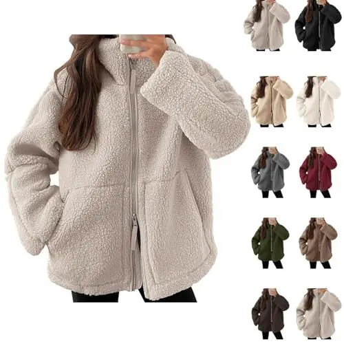 Produktbild: Teddyjacke Damen Fleecejacke Warme Dicke Freizeit Zwei-Wege Reißverschluss Winterjacke Einfarbig Teddyfleece Teddy Jacke mit Taschen und Reißverschluss Wintermantel Winterjacke 2025 Plüschjacke