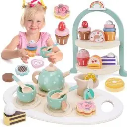 Produktbild: Tee Set Kinder Holzspielzeug, Teeservice Kinder mit Dessert, Kinderküche Zubehör, Spielküche Zubehör Teeset Kinderspielzeug, Kindergeschirr Set Geschenk für Kinder Mädchen 3 4 5 6 7 Jahre