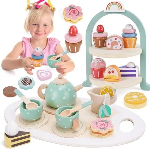 Produktbild: Tee Set Kinder Holzspielzeug, Teeservice Kinder mit Dessert, Kinderküche Zubehör, Spielküche Zubehör Teeset Kinderspielzeug, Kindergeschirr Set Geschenk für Kinder Mädchen 3 4 5 6 7 Jahre
