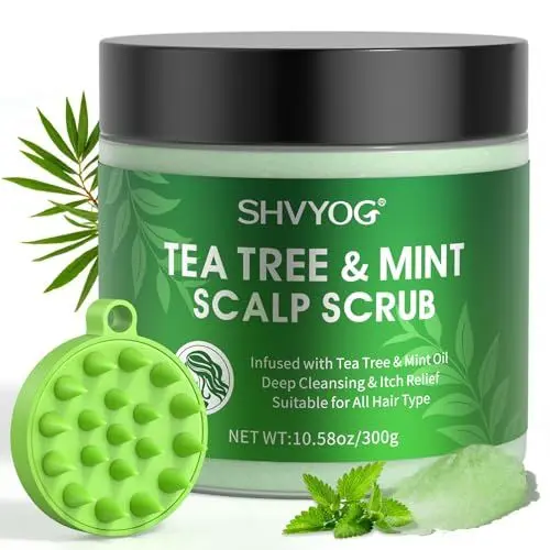 Produktbild: Teebaum-Kopfhautpeeling, Haarpeeling mit Minze, reinigende und nährende Kopfhaut, Ölregulierendes Teebaumshampoo, Vorbeugung von Haarausfall, Kopfhautpeeling mit Kopfhautmassagegerät, 300g/10,58oz