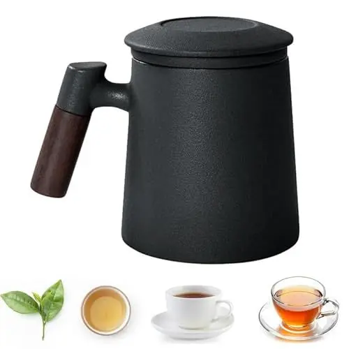 Produktbild: Teebecher Set mit Deckel und Sieb, Tee-Tasse, Teetasse groß 400ml, Keramik Teetassen Set mit Holzgriff zum Verbrühungsschutz, Tee Tasse für Geschenke, Handmade, Modernes Design (Schwarz)