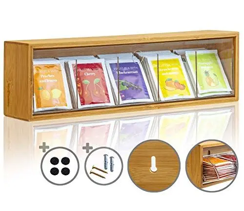 Produktbild: KrockaZone. Teebeutel Aufbewahrungsbox Organizer - Teebox mit Kippdeckel zum Wand aufhängen - Teebeutelspender Natur Bambus Holz