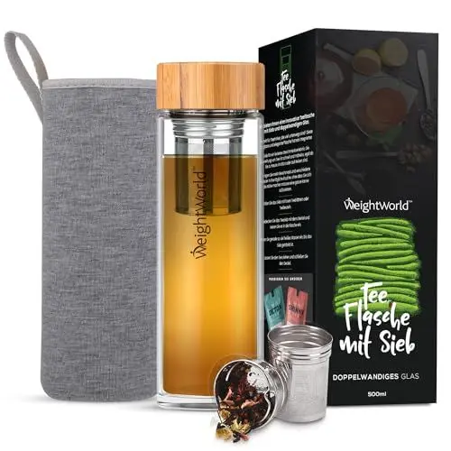 Produktbild: Teeflasche mit Sieb to Go - Trinkflasche 500ml aus Borosilikatglas - BPA-frei & Bleifrei - Thermo Glasflasche mit Teesieb aus Edelstahl, Bambusdeckel & Hülle - Geschenkset Tea Infuser von WeightWorld