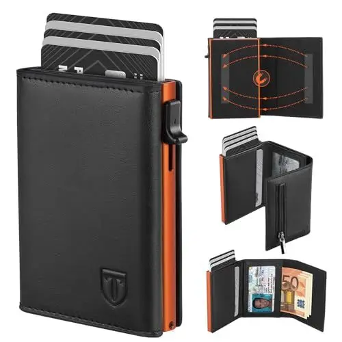 Produktbild: TEEHON Geldbörse Herren, Portmonee Herren mit Münzfach & RFID Schutz, Magnetischer Slim Wallet, Leder Portmonee, 7 Kartenetui, ID-Fenster - Schwarz Orange (Schwarz Orange)
