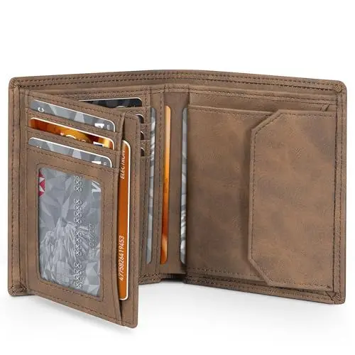 Produktbild: TEEHON Geldbörsen Herren, RFID-blockierende Leder Portmonee Herren mit 12 kartenetui, 1 Ausweisfenster & Fotofenster, Münzfach mit Knopf, 2 Geldscheinfächern, Slim Wallet mit Geschenkbox – Braun