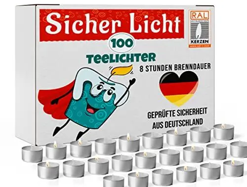 Produktbild: Teelichter 8 Stunden Brenndauer, Teelichte 100 Stück, Teekerze Rußfrei aus Deutschland RAL zertifiziert, Teekerzen Kerzen tea candles