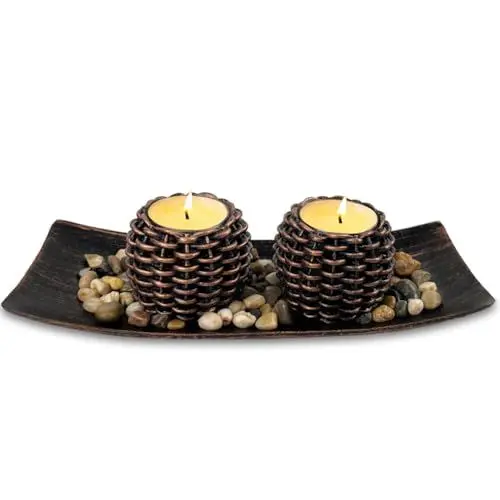 Produktbild: Teelichthalter 2er Set,Kerzenhalter,Kerzen Deko,Deko Wohnzimmer, Stimmungsvolle Tischdeko frühling,Deko Tablett,Dekoschale,mit Deko Sand Kieselsteine,Bronzefarbe,Weihnachten