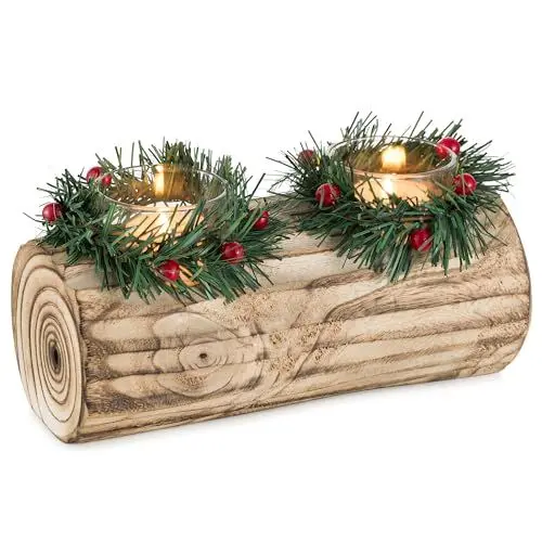 Produktbild: Teelichthalter Weihnachten Holz für Weihnachtstisch Deko: Romadedi Yule Log Kerzenständer für Tischdeko Weihnachten Kerzenhalter für Party Kamin Silvester Winter Deko Geschenk, 11cm