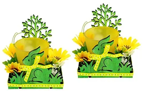 Produktbild: Teelichthalter Windlicht mit Blüten Osterhase und Glas 2er Set Kerzenhalter Holz-Tischdeko Kerzenhalter Kerzenleuchter Frühlingskranz Teelicht Deko Frühjahrsdeko Osterdeko Wohnaccessoire 3D Bild